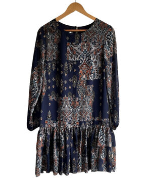 Lizzie Blue Navy Paisley Long-Sleeve Ruffle-Hem Dress, size 38